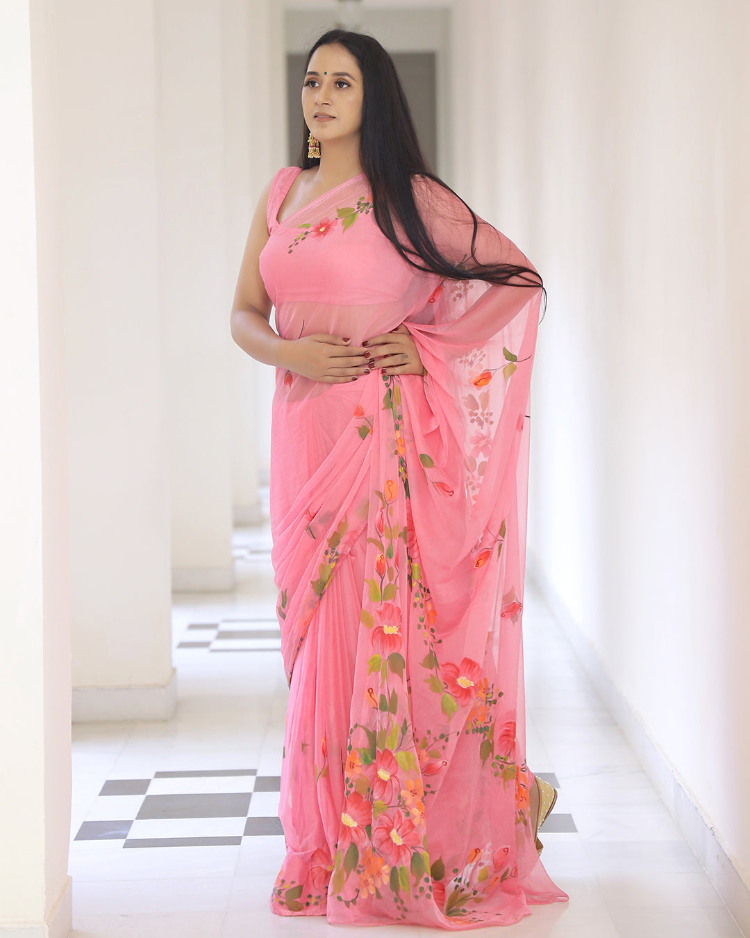 Hand Painted Chiffon Saree | Coral Floral for Lunches, Functions & Day Events