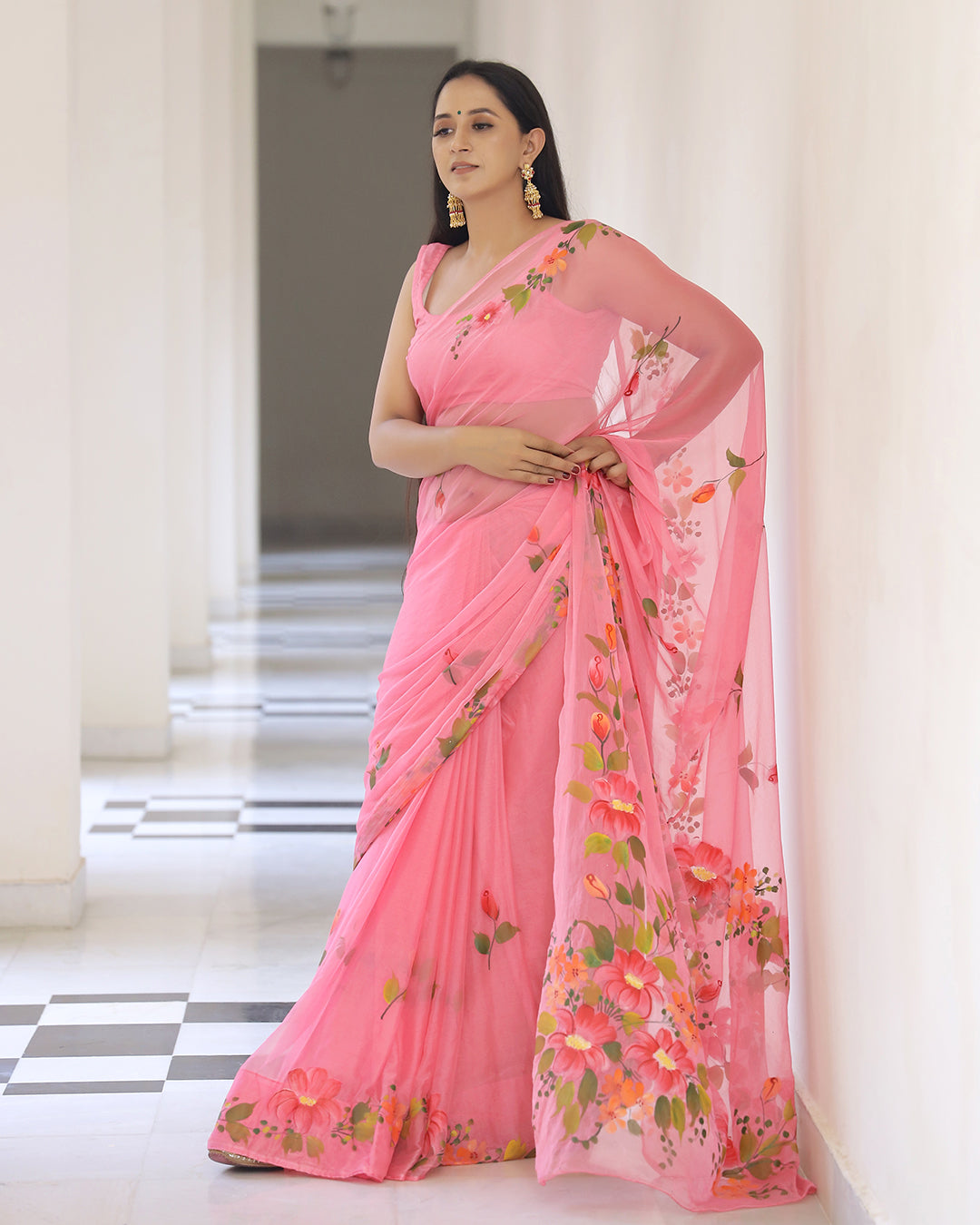 Hand Painted Chiffon Saree | Coral Floral for Lunches, Functions & Day Events