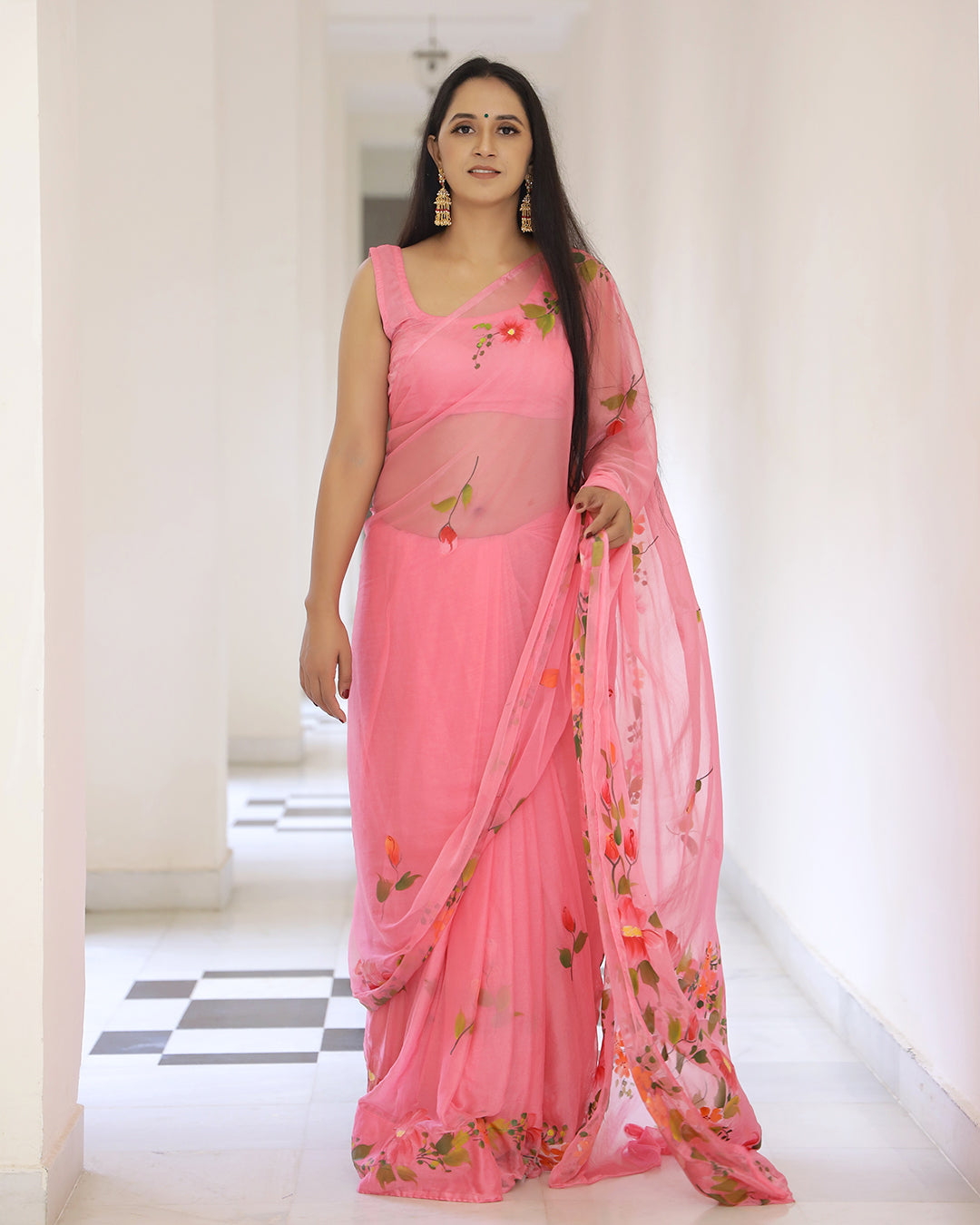 Hand Painted Chiffon Saree | Coral Floral for Lunches, Functions & Day Events