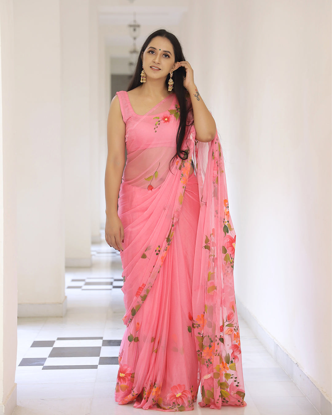 Hand Painted Chiffon Saree | Coral Floral for Lunches, Functions & Day Events