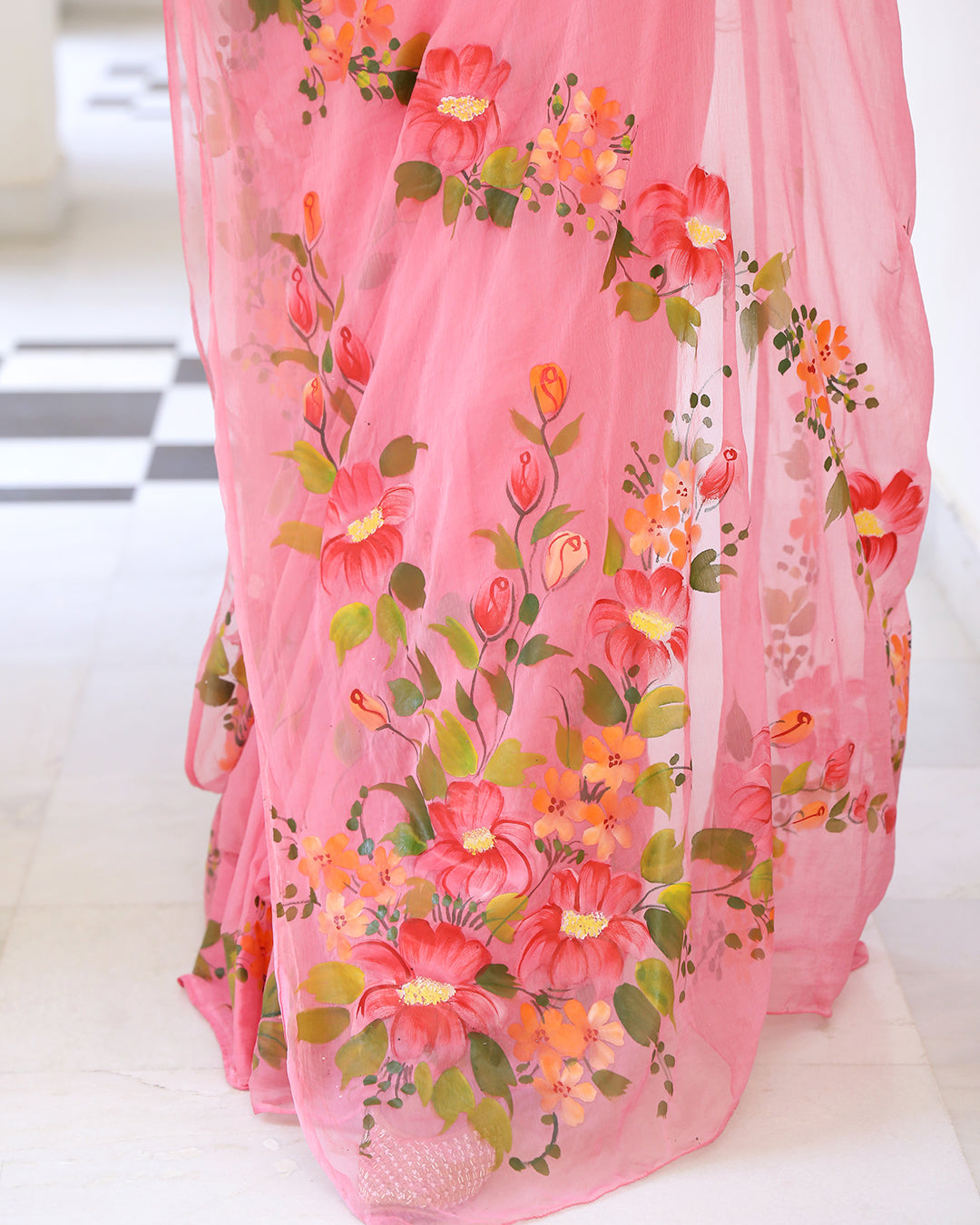 Hand Painted Chiffon Saree | Coral Floral for Lunches, Functions & Day Events