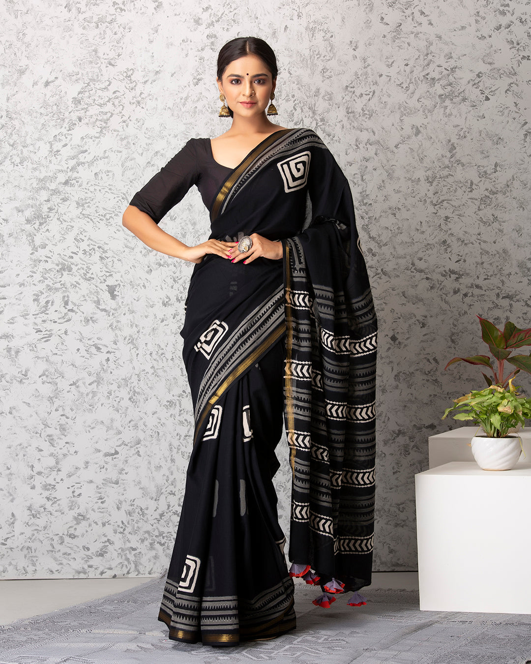 Handblock Print Mulmul Saree | Black Geometric Bold for Festive Lunches & Events