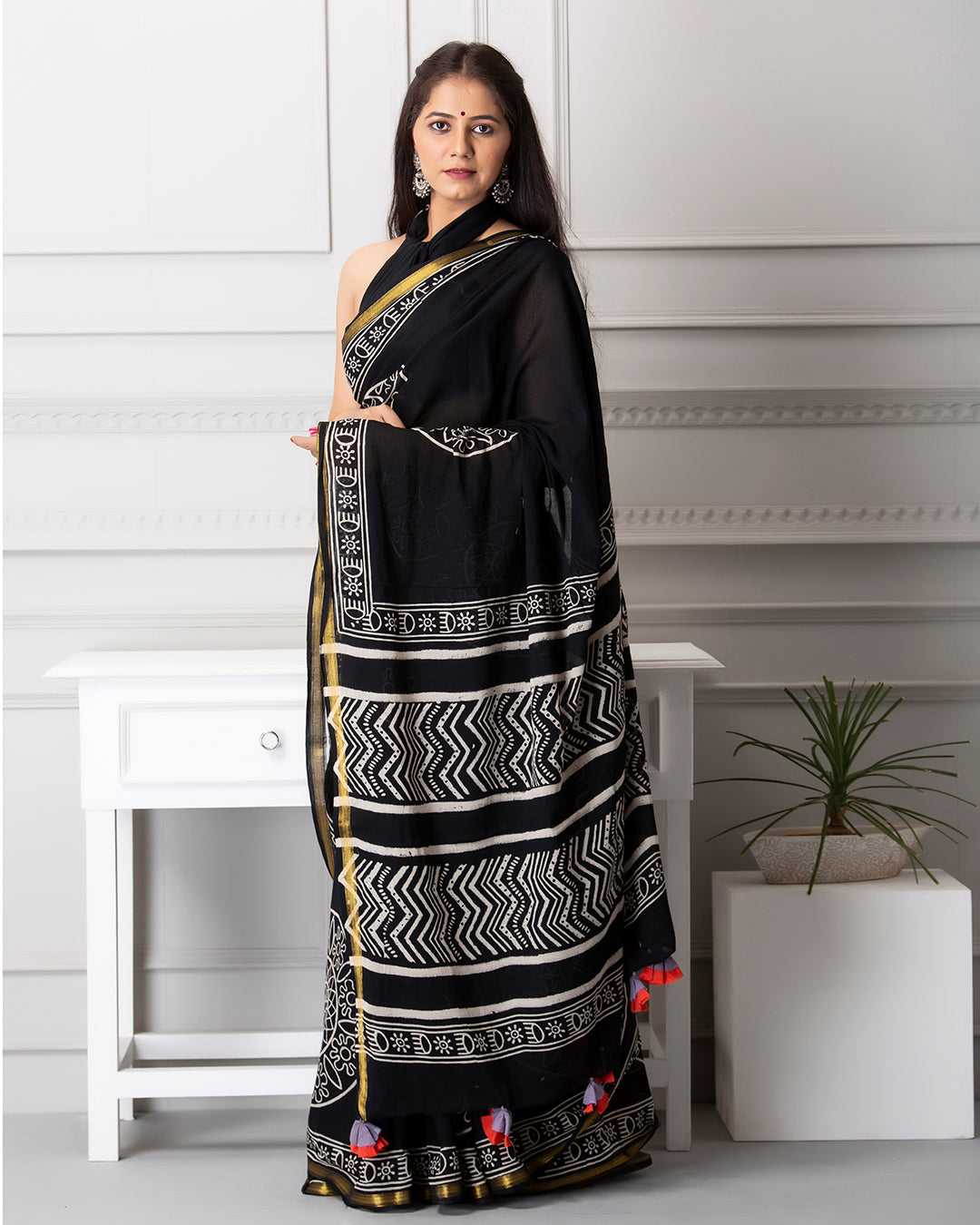 Handblock Print Mulmul Saree | Indigo Mandala for Office, Celebrations & Outings