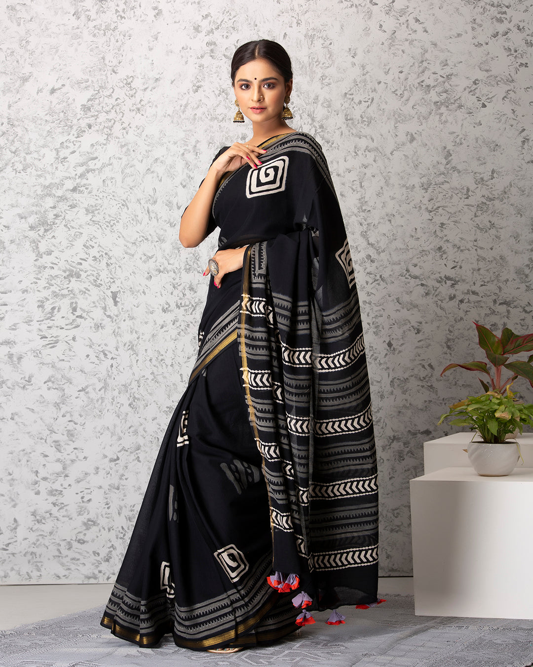 Handblock Print Mulmul Saree | Black Geometric Bold for Festive Lunches & Events