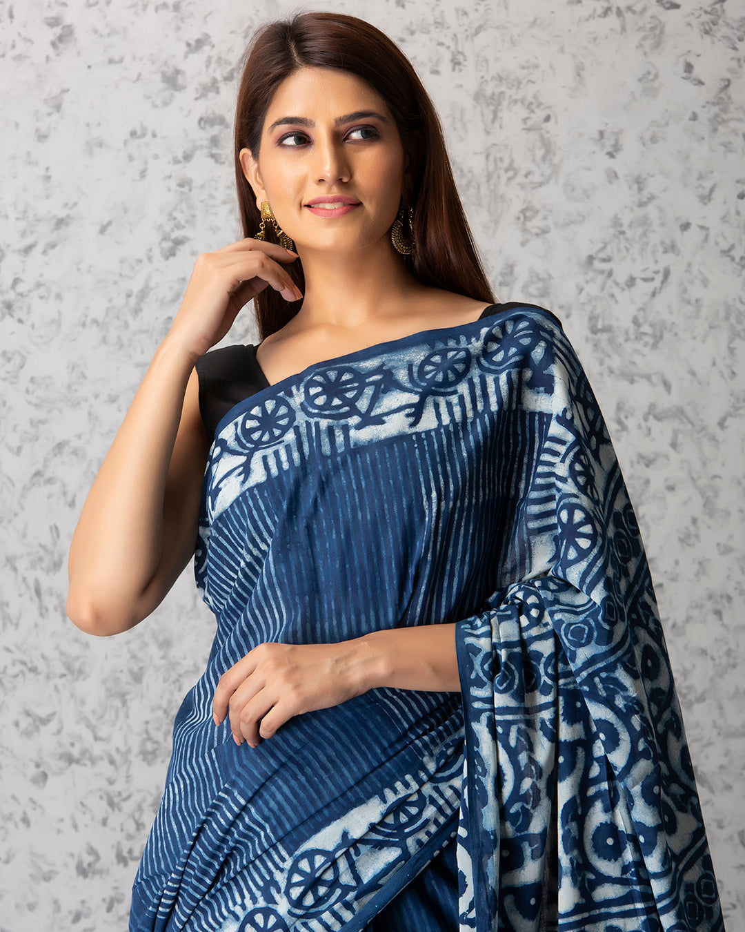 Dabu Print Mulmul Saree | Indigo Bicycle Handblock for Brunches & Cultural Events