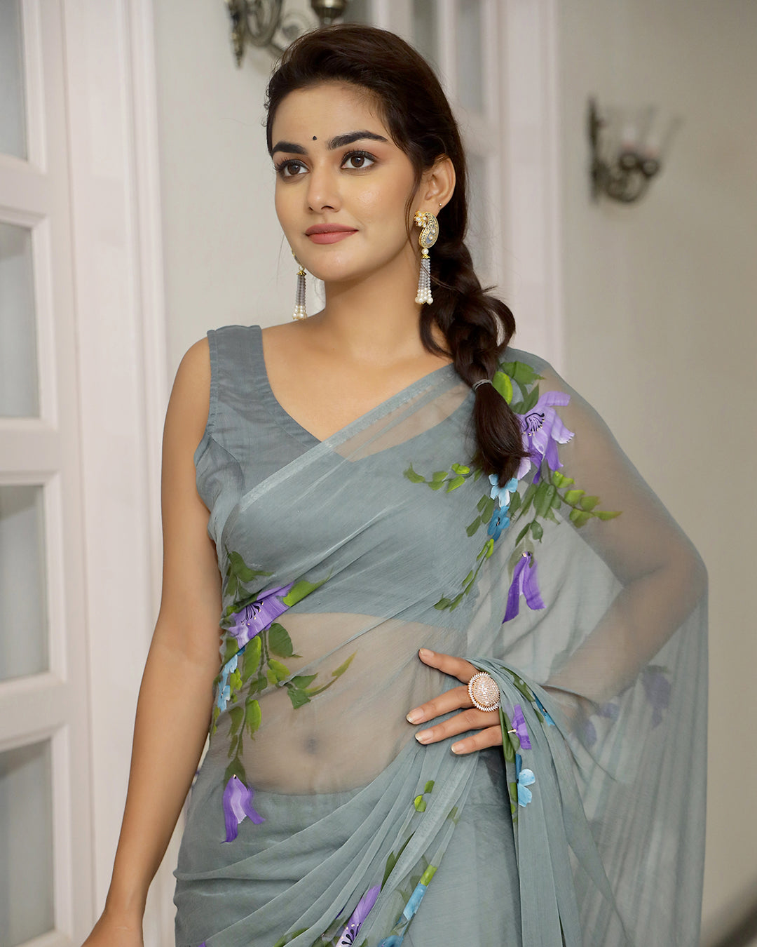 Hand Painted Chiffon Saree | Grey Floral for Elegant Daytime & Festive Wear