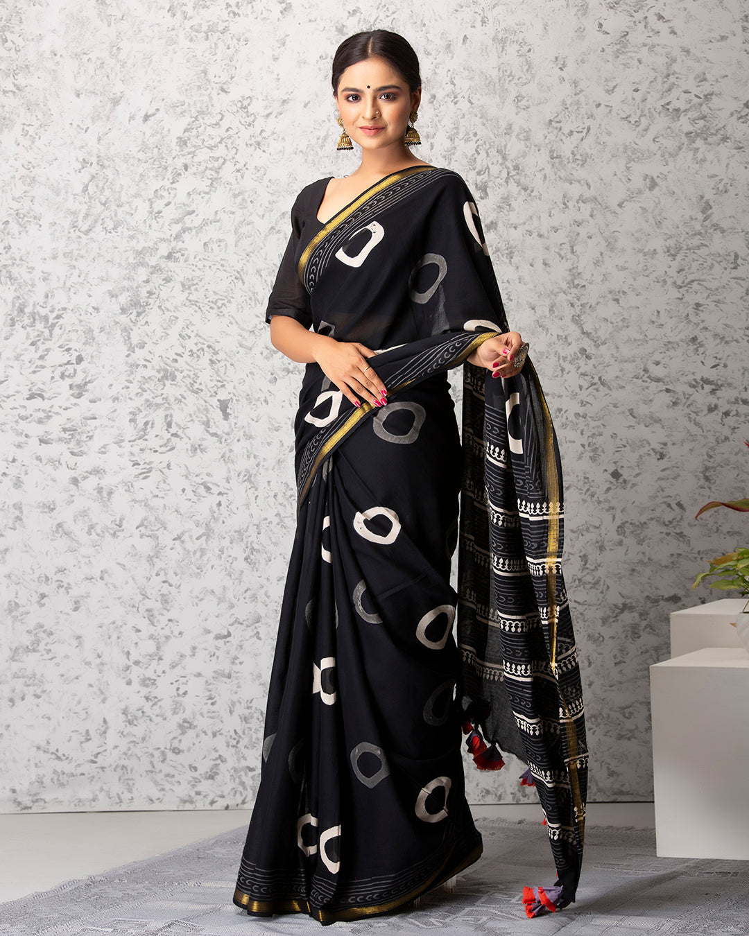 Handblock Print Mulmul Saree | Black Circular Grey Gold Border for Casual & Festive