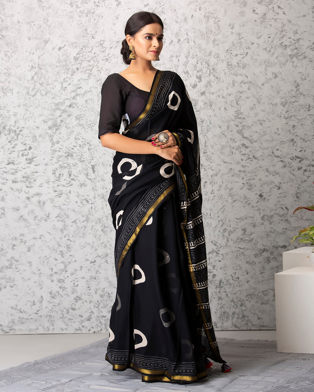 Handblock Print Mulmul Saree | Black Circular Grey Gold Border for Casual & Festive