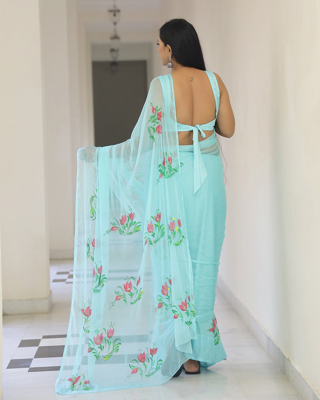 Hand Painted Chiffon Saree | Aqua Floral for Summer Events & Festive Occasions