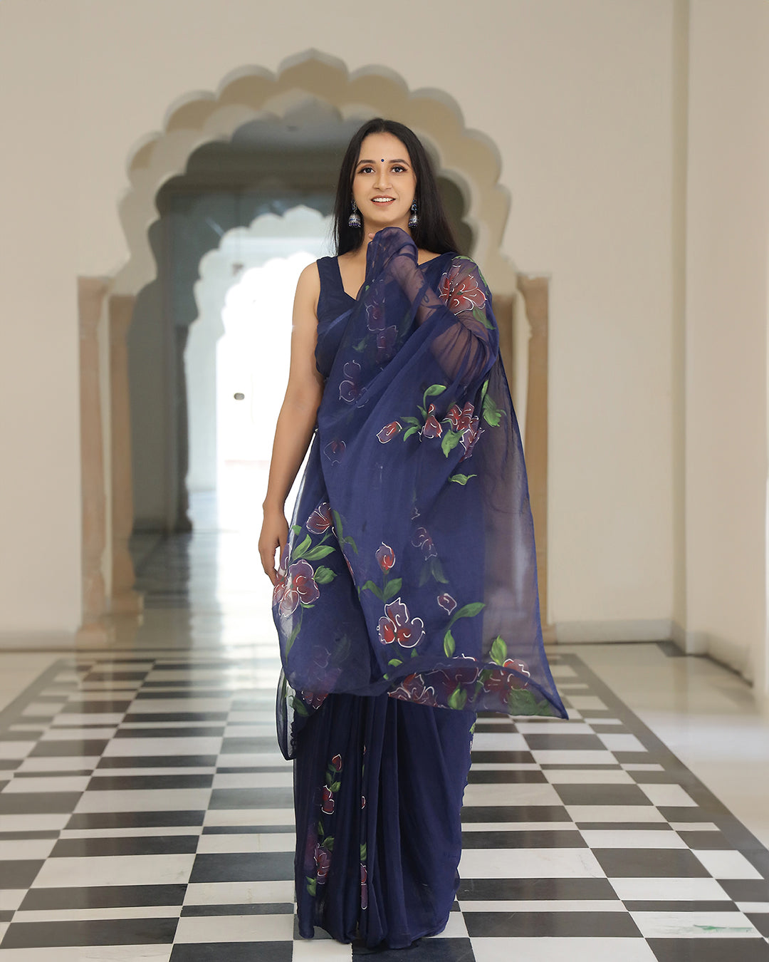 Hand Painted Chiffon Saree | Navy Blue Floral for Festive Evenings & Gatherings