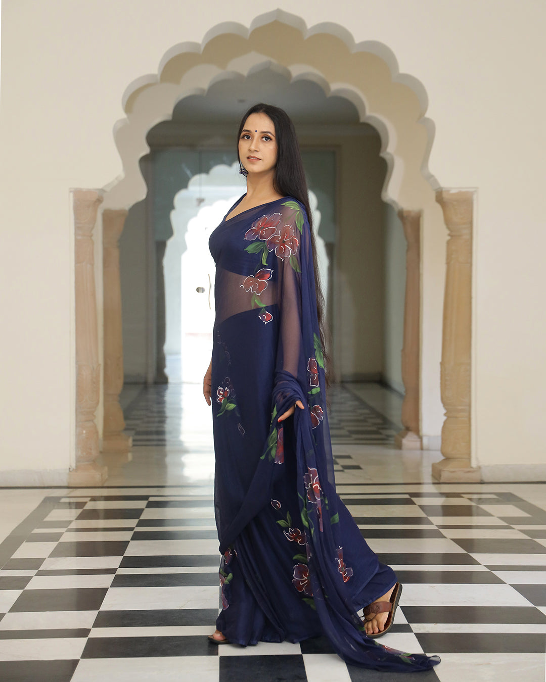 Hand Painted Chiffon Saree | Navy Blue Floral for Festive Evenings & Gatherings