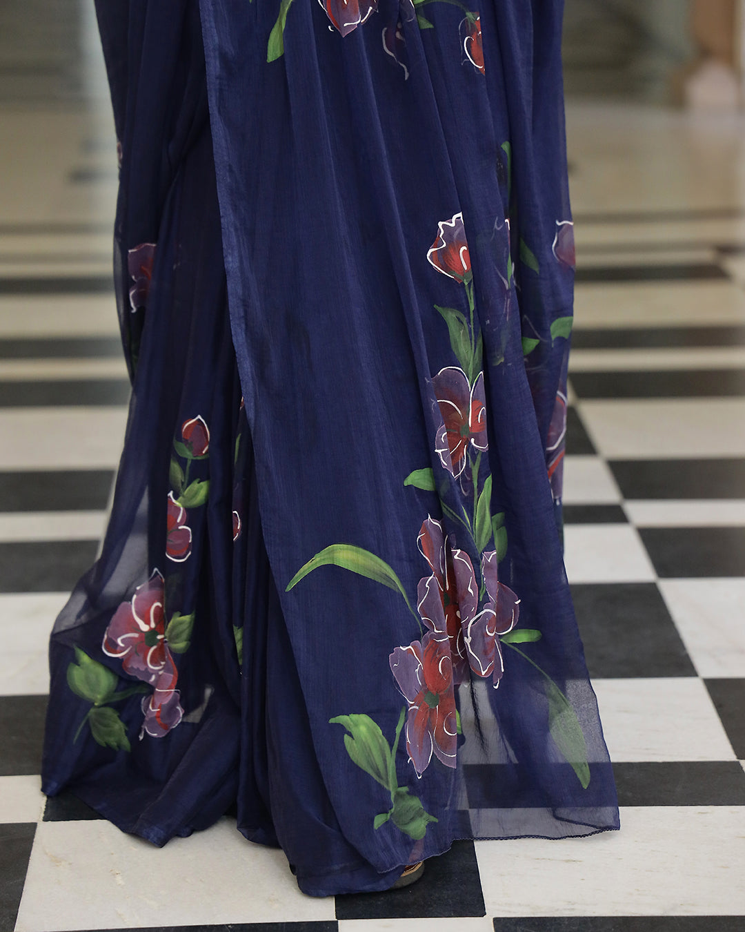 Hand Painted Chiffon Saree | Navy Blue Floral for Festive Evenings & Gatherings