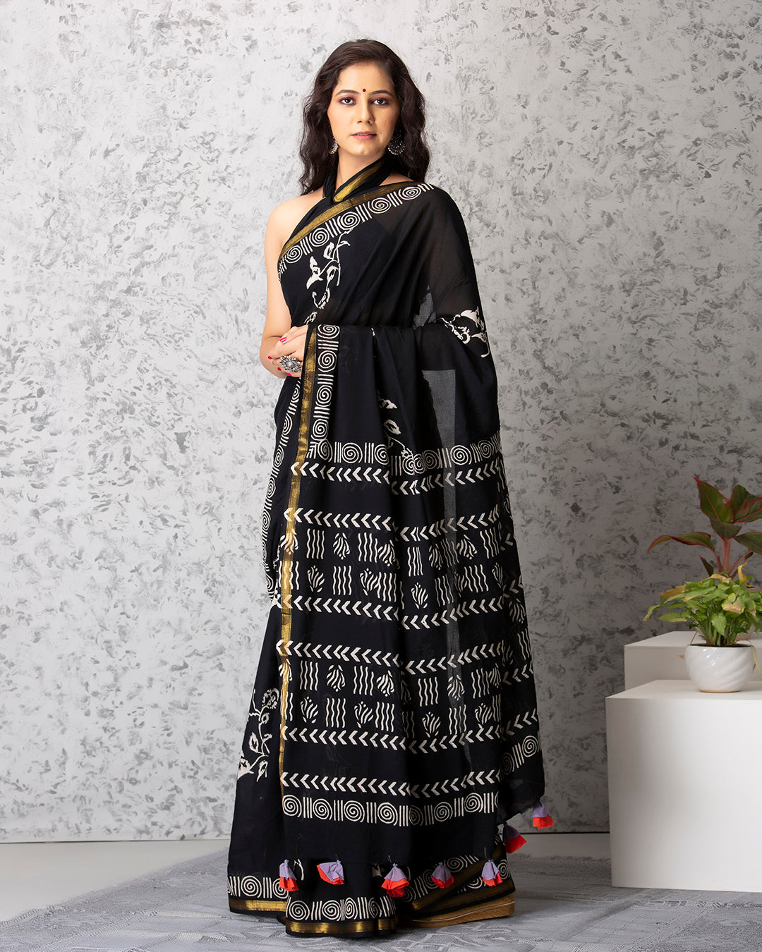 Handblock Print Mulmul Saree | Black Floral Vines with Zari Border for Festive Wear