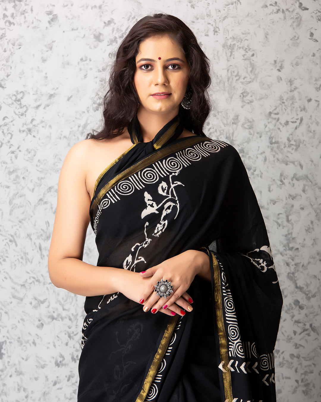 Handblock Print Mulmul Saree | Black Floral Vines with Zari Border for Festive Wear