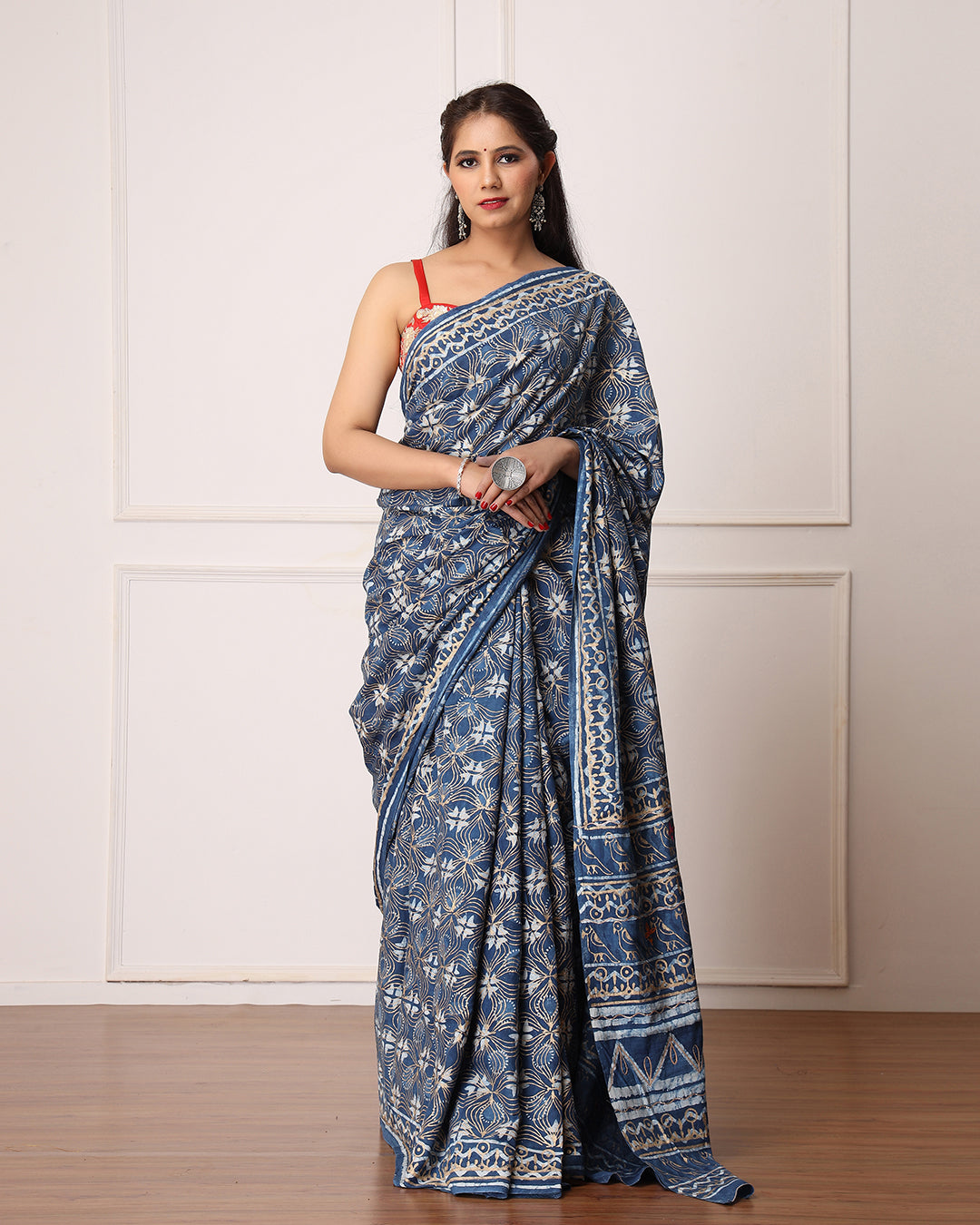 Dabu Print Mulmul Saree | Indigo Floral for Summers, Office Wear & Quiet Evenings