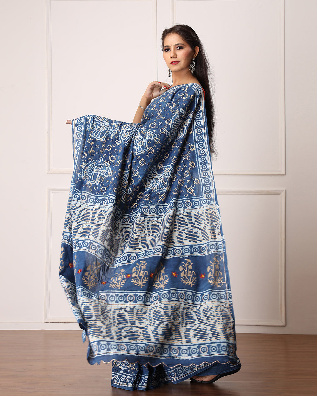 Dabu Print Mulmul Saree | Indigo Ethnic Figure for Cultural Events & Office Wear