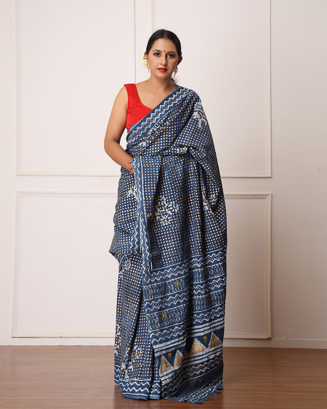 Dabu Print Mulmul Saree | Indigo Polka Dots for Casual Gatherings & Celebrations