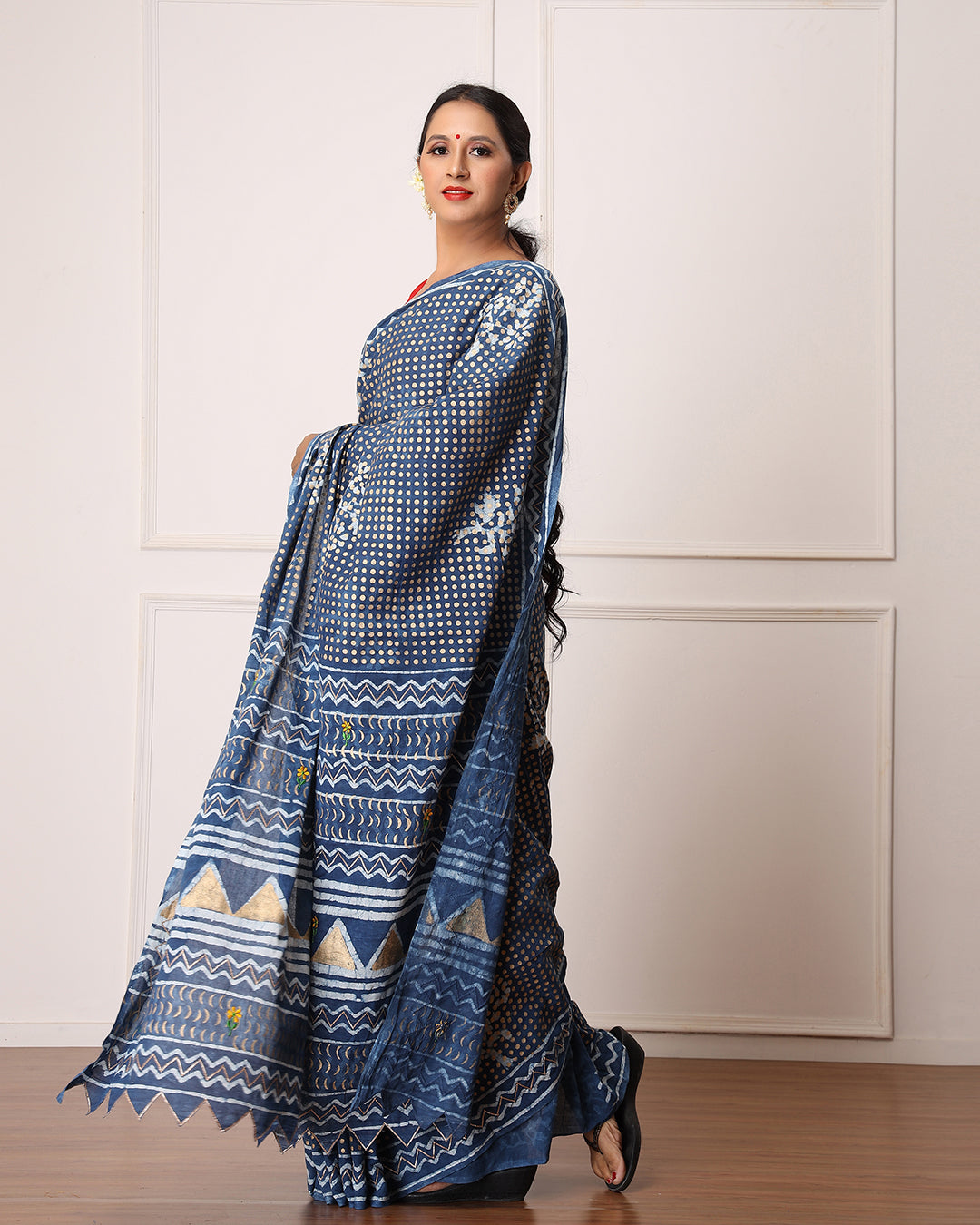 Dabu Print Mulmul Saree | Indigo Polka Dots for Casual Gatherings & Celebrations