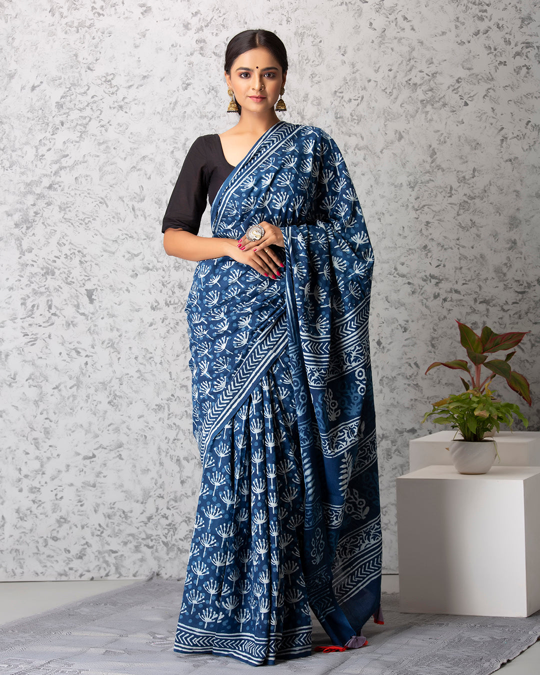 Dabu Print Mulmul Saree | Indigo Dandelion for Warm Days, Daily & Ethnic Wear