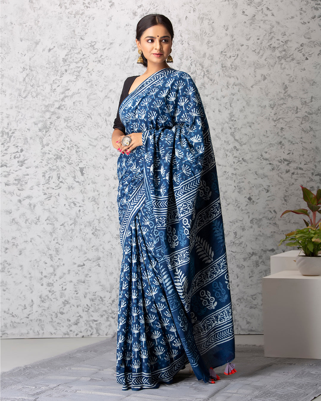 Dabu Print Mulmul Saree | Indigo Dandelion for Warm Days, Daily & Ethnic Wear