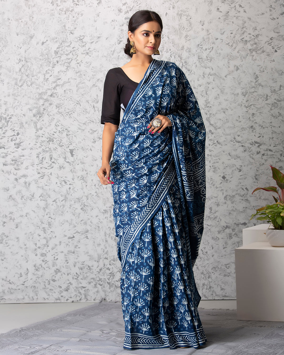 Dabu Print Mulmul Saree | Indigo Dandelion for Warm Days, Daily & Ethnic Wear