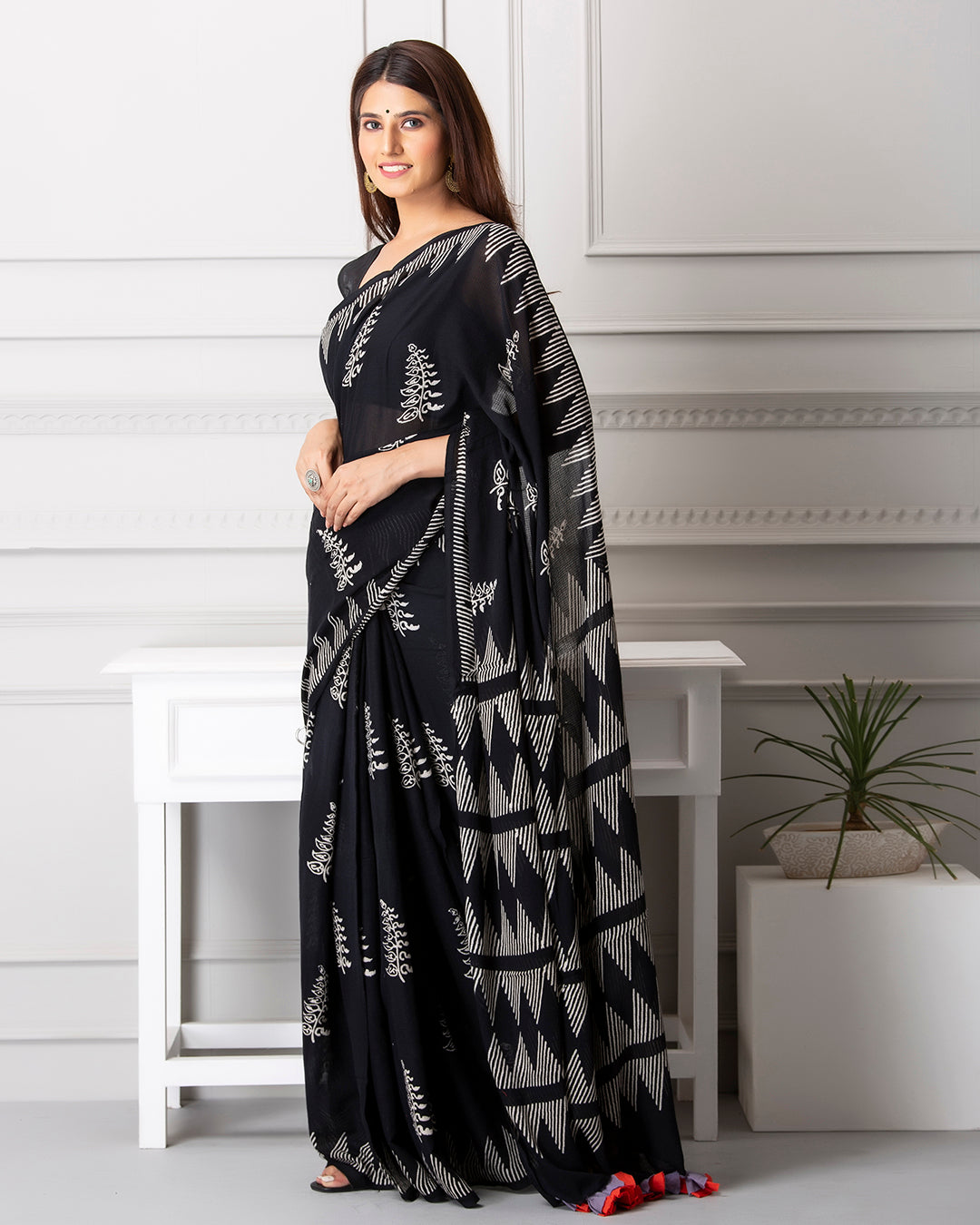 Handblock Print Mulmul Saree | Black Moonga Monochrome Butti for Work & Gatherings