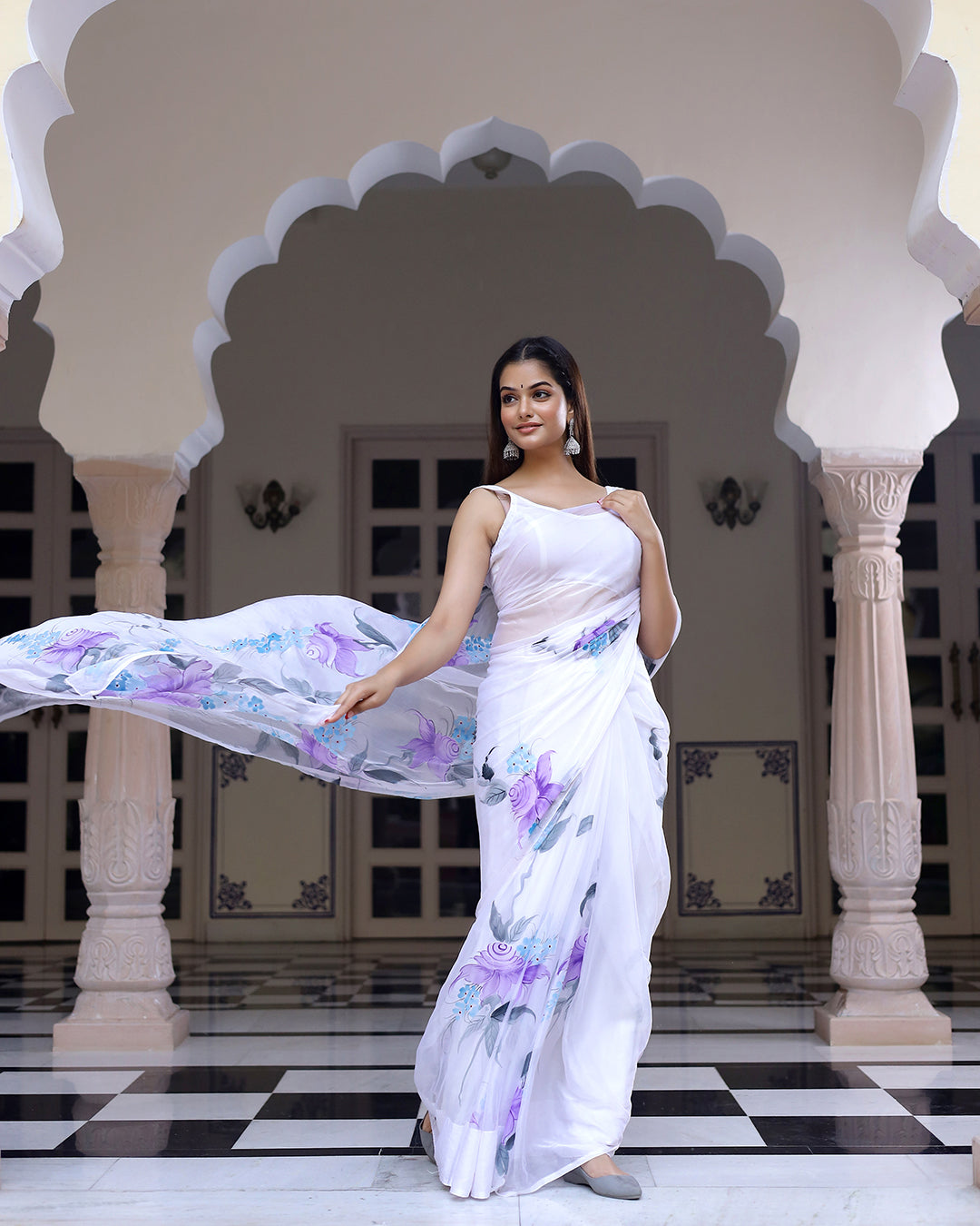 Hand Painted Chiffon Saree | White Floral for Garden Parties & Festive Wear