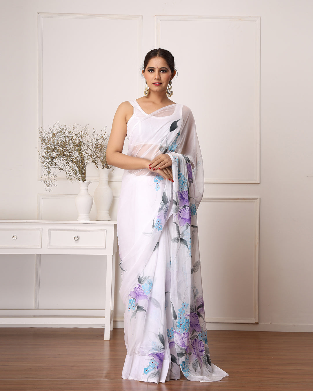 Hand Painted Chiffon Saree | White Floral for Garden Parties & Festive Wear