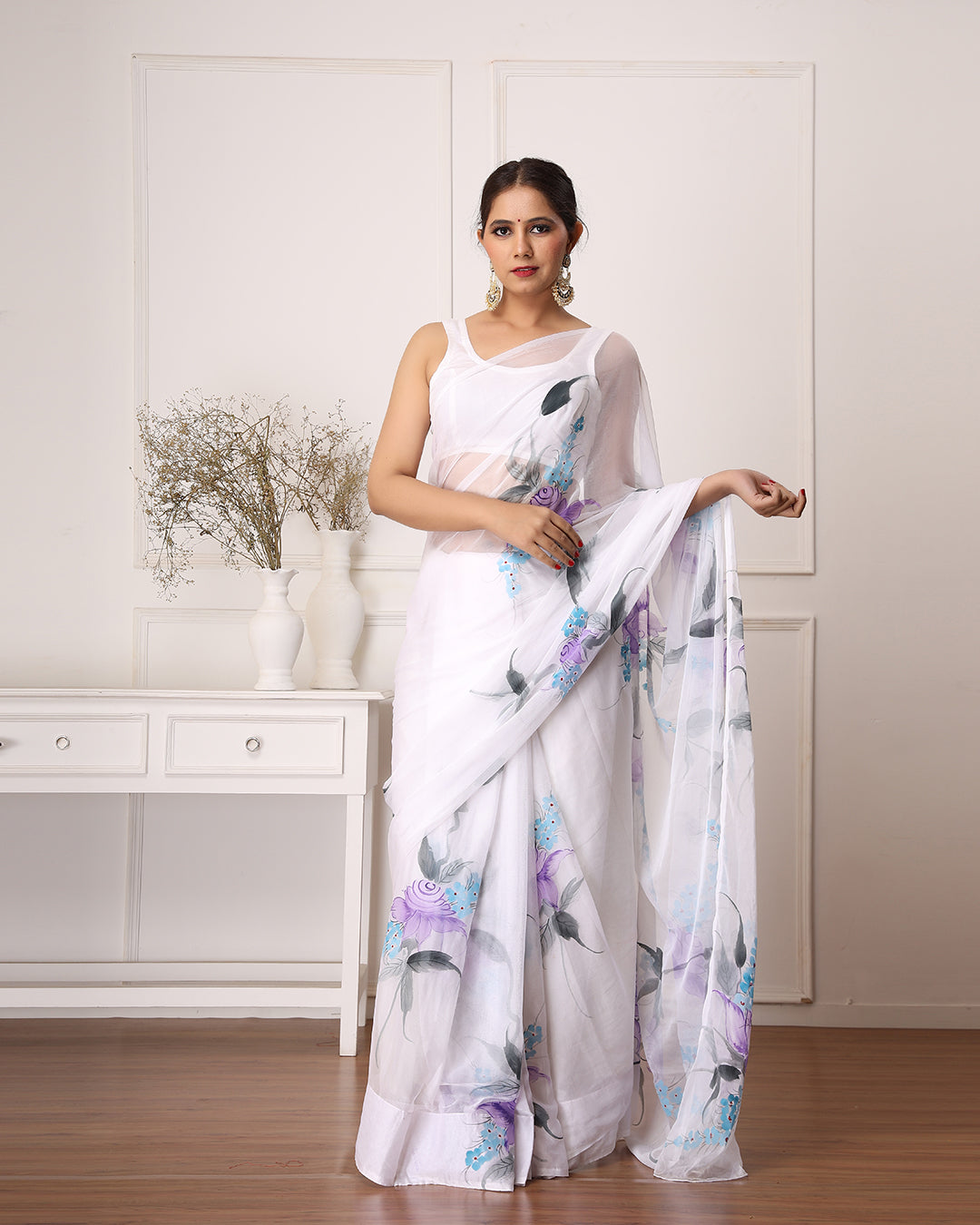 Hand Painted Chiffon Saree | White Floral for Garden Parties & Festive Wear