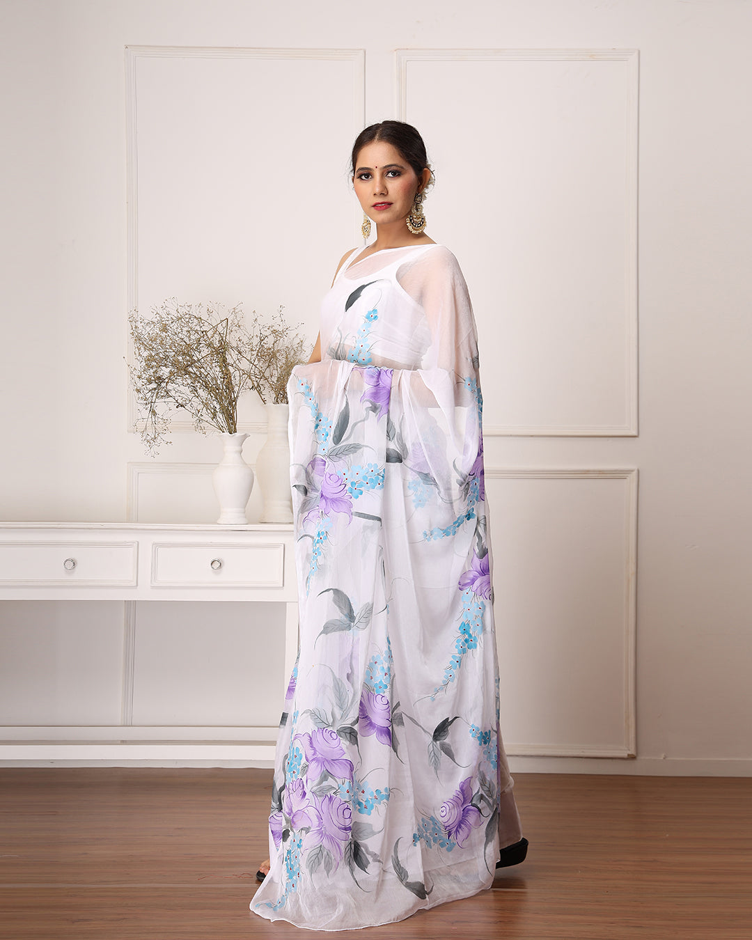 Hand Painted Chiffon Saree | White Floral for Garden Parties & Festive Wear