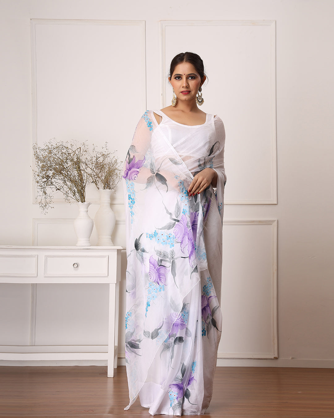 Hand Painted Chiffon Saree | White Floral for Garden Parties & Festive Wear
