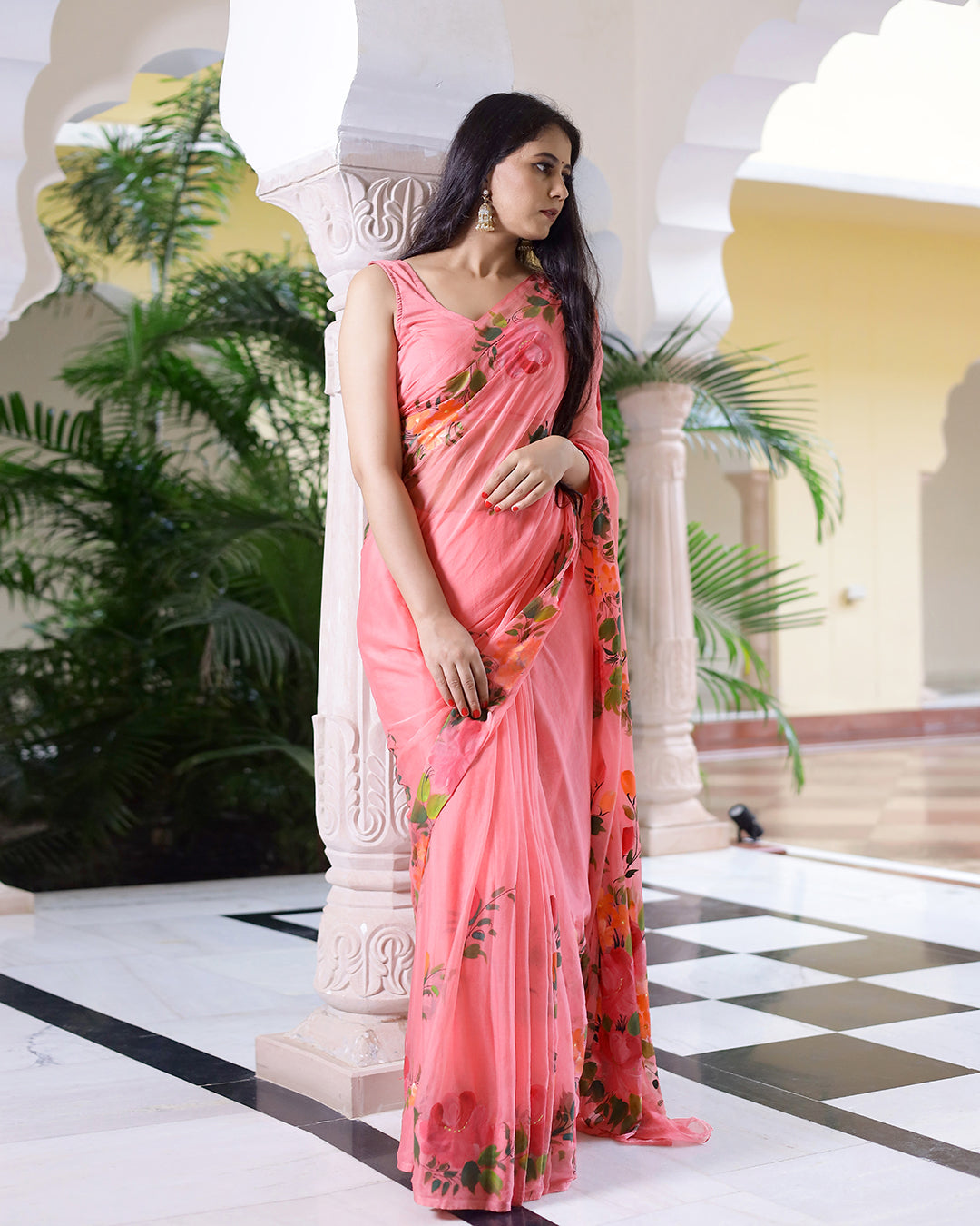 Hand Painted Chiffon Saree | Peachy Floral Design for Festive Wear