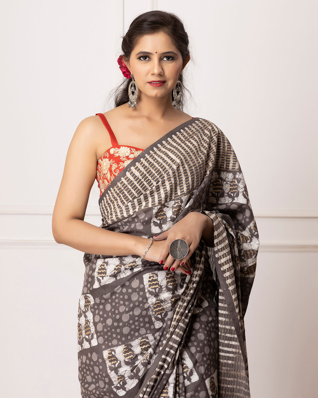 Dabu Print Mulmul Saree | Floral Grey for Work, Lunches & Festive Gatherings