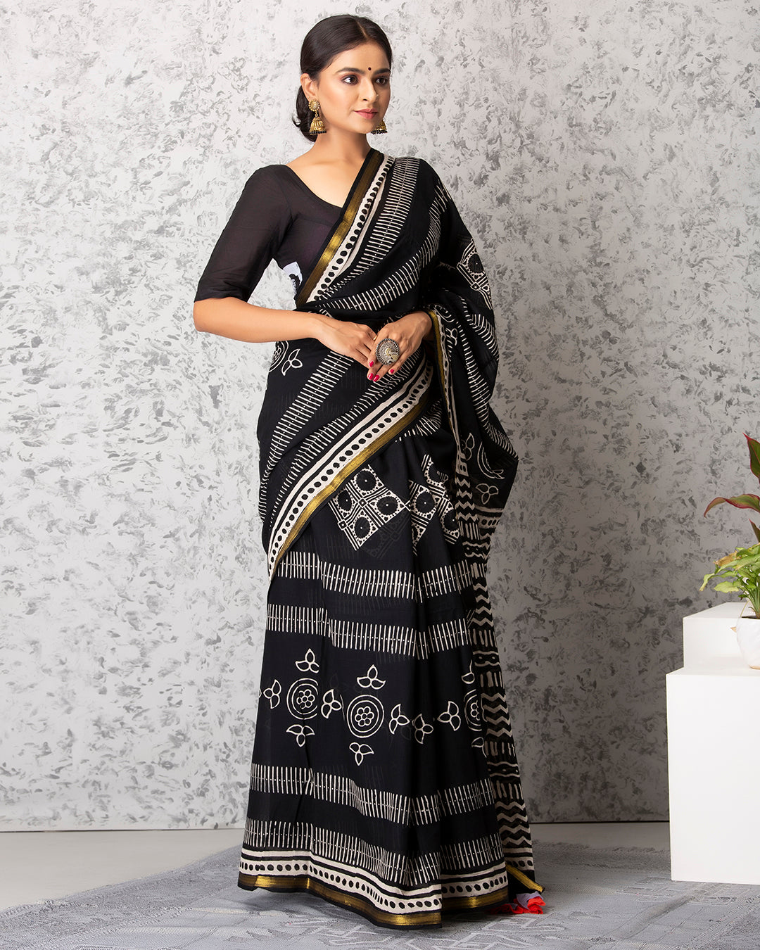 Handblock Print Mulmul Saree | Bold Folk Black for Festive Events & Casual Outings