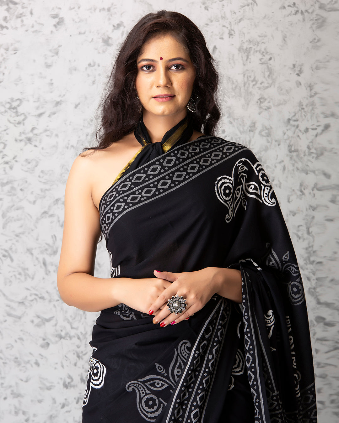 Handblock Print Mulmul Saree | Black Grey Folk for Festive Days & Office Wear