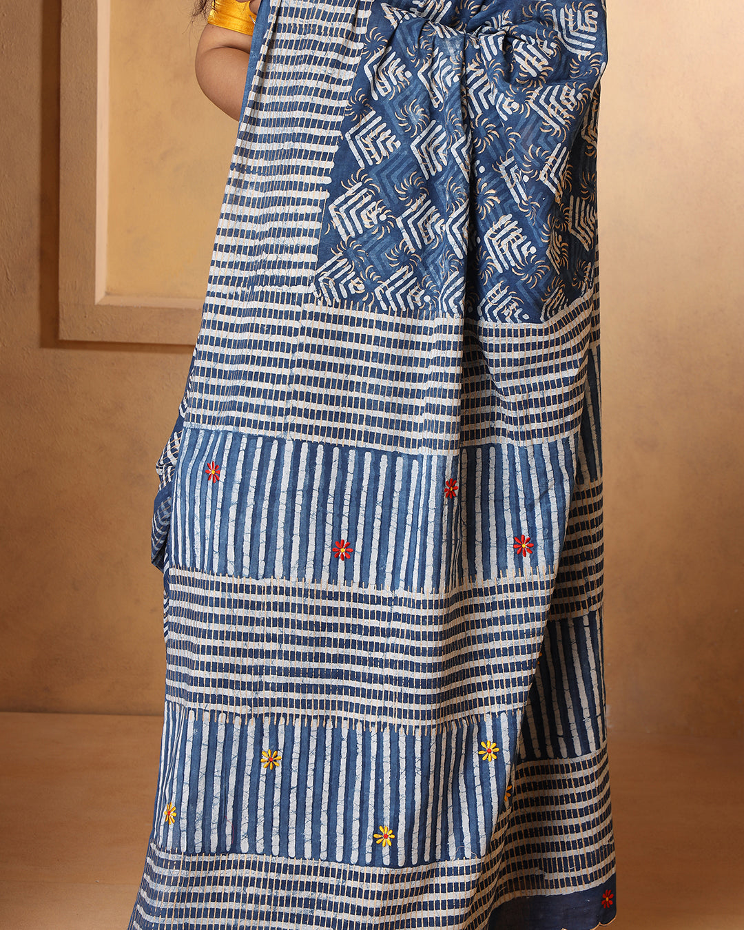 Dabu Print Mulmul Saree | Abstract Indigo & White for Daily Wear & Casual Outings
