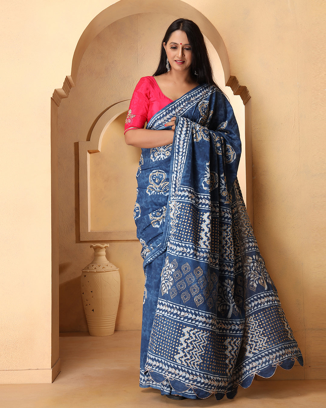 Dabu Print Mulmul Saree | Indigo Abstract for Office, Daily Wear & Gatherings