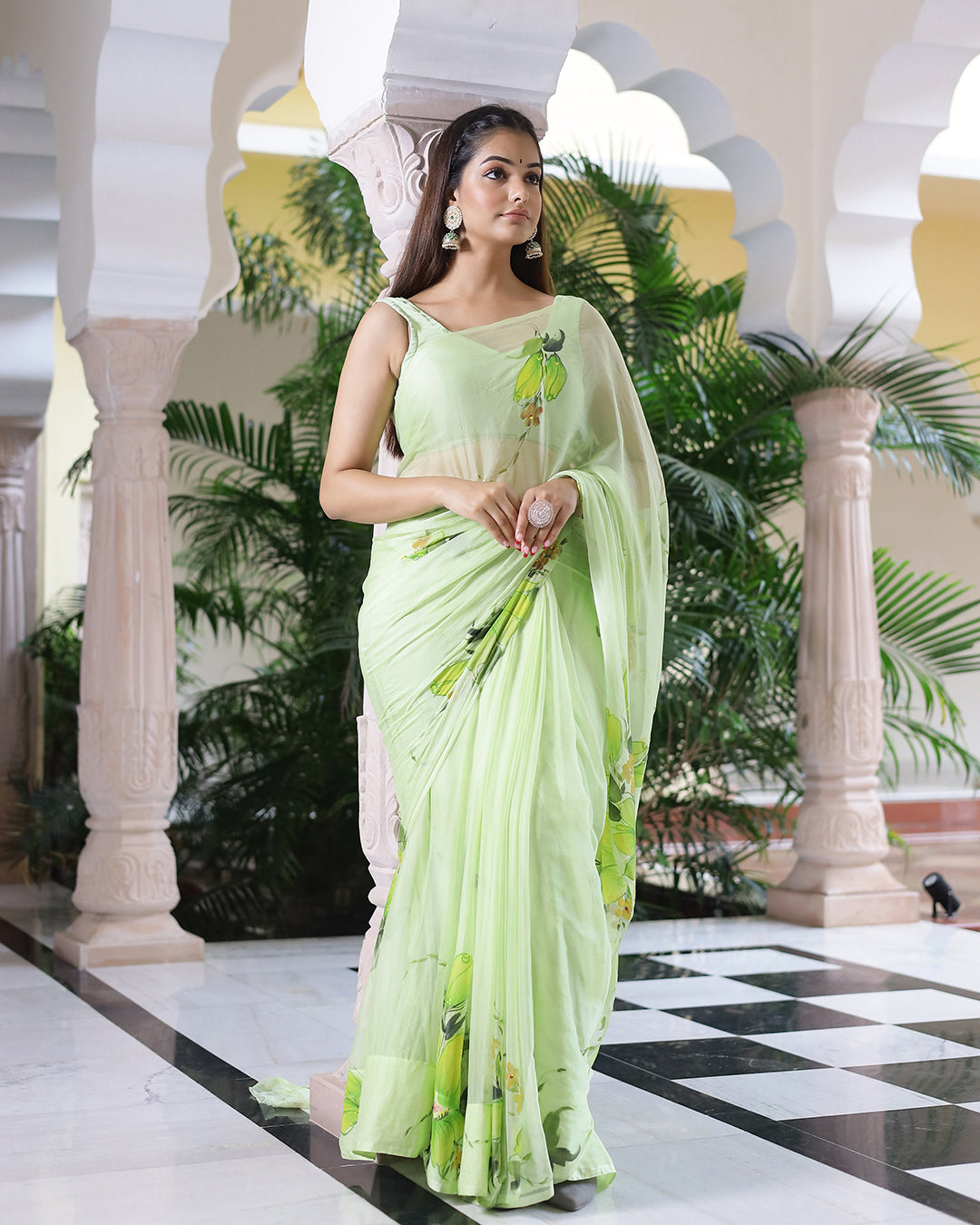 Hand Painted Chiffon Saree | Mint Green Floral for Festive & Everyday Elegance