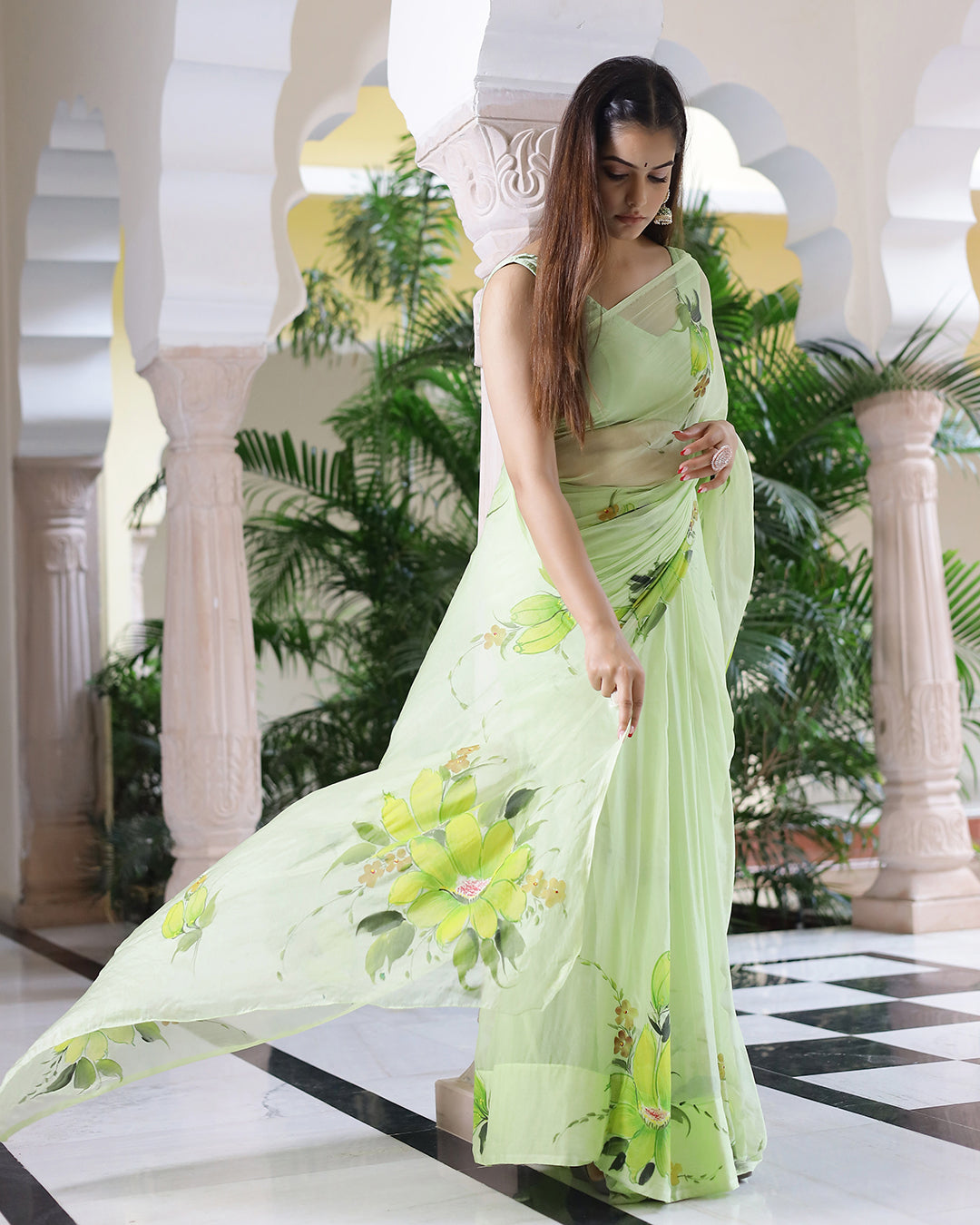 Hand Painted Chiffon Saree | Mint Green Floral for Festive & Everyday Elegance