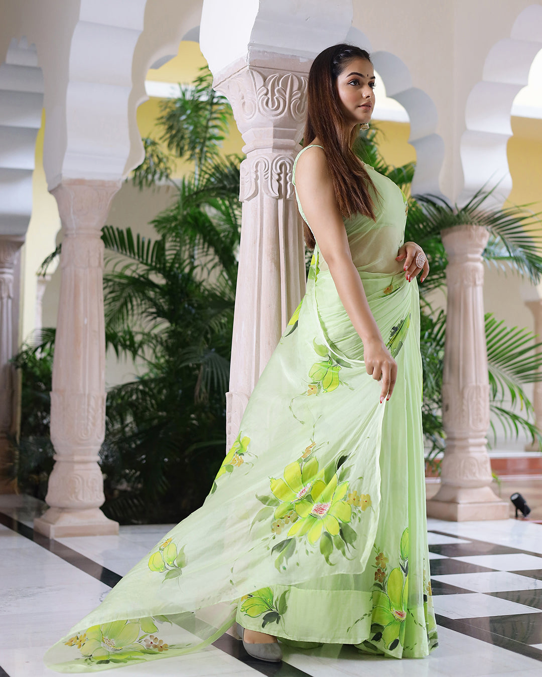 Hand Painted Chiffon Saree | Mint Green Floral for Festive & Everyday Elegance