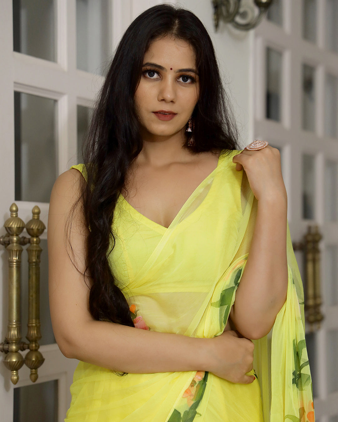 Hand Painted Chiffon Saree | Lemon Yellow Floral for Summer & Festive Wear