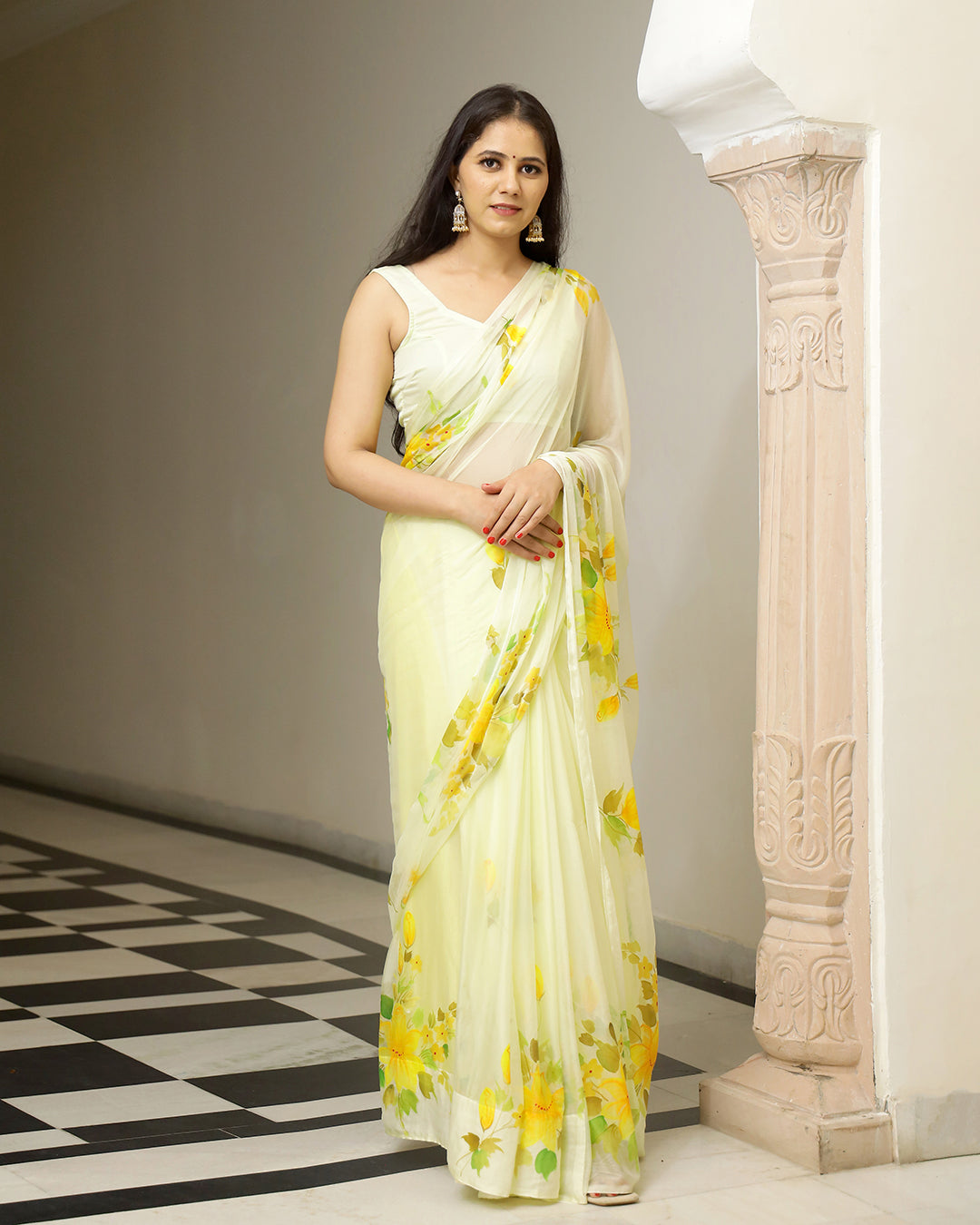Hand Painted Chiffon Saree | Butter Yellow Floral for Daytime & Festive Wear