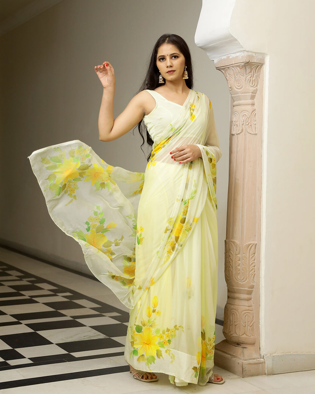 Hand Painted Chiffon Saree | Butter Yellow Floral for Daytime & Festive Wear