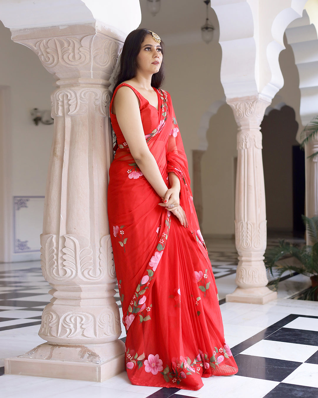 Hand Painted Chiffon Saree | Hot Red Floral for Festive & Party Wear
