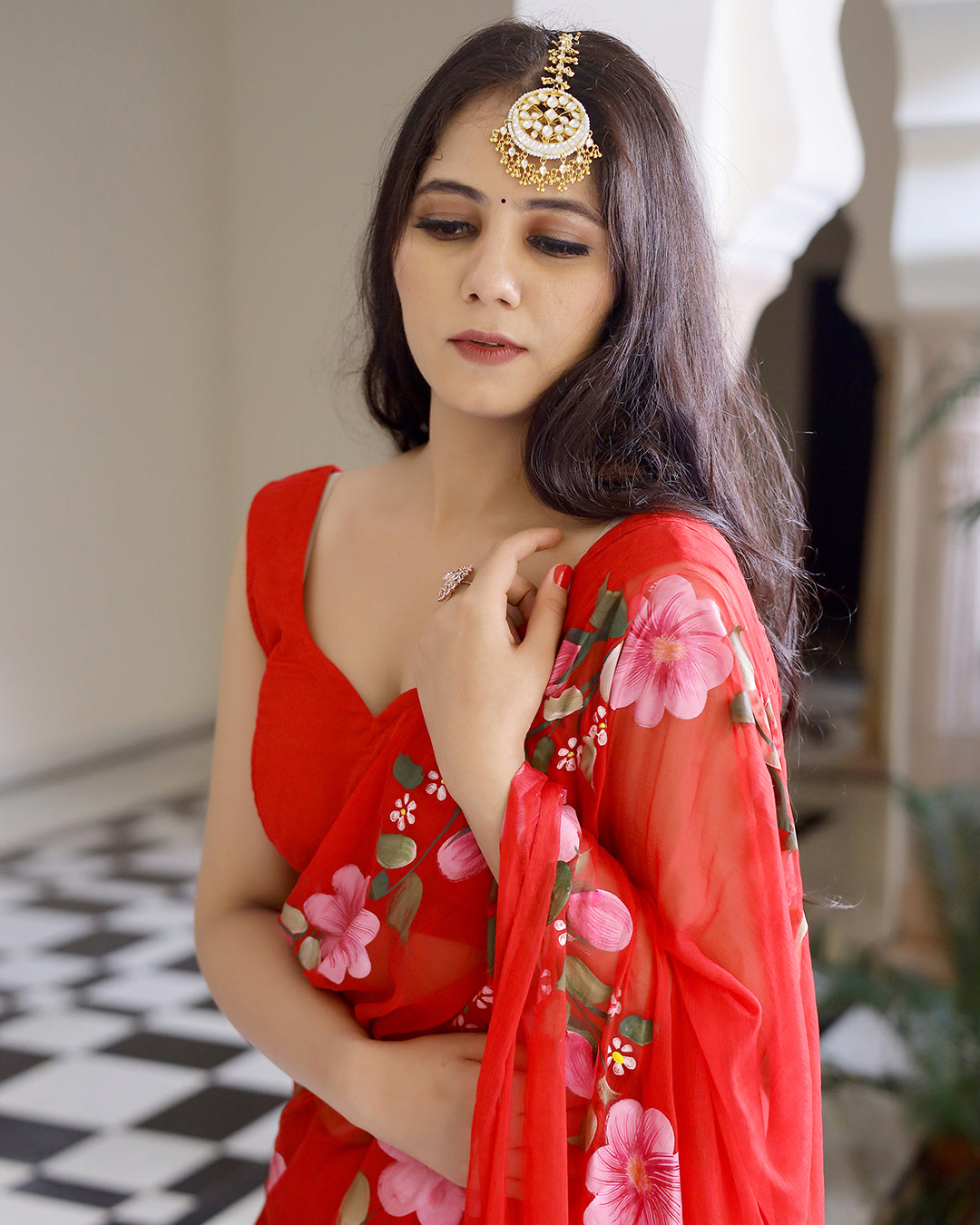Hand Painted Chiffon Saree | Hot Red Floral for Festive & Party Wear