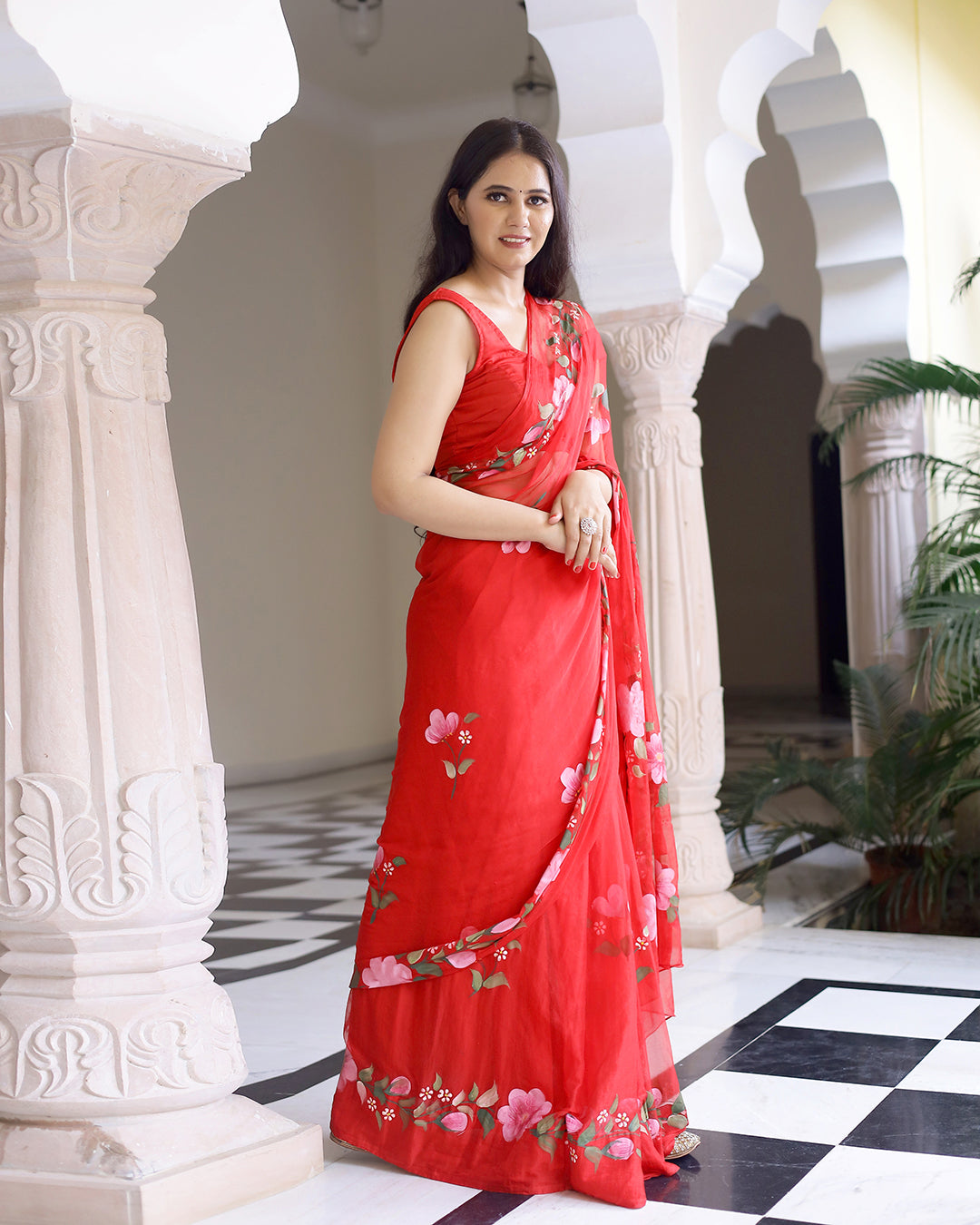 Hand Painted Chiffon Saree | Hot Red Floral for Festive & Party Wear