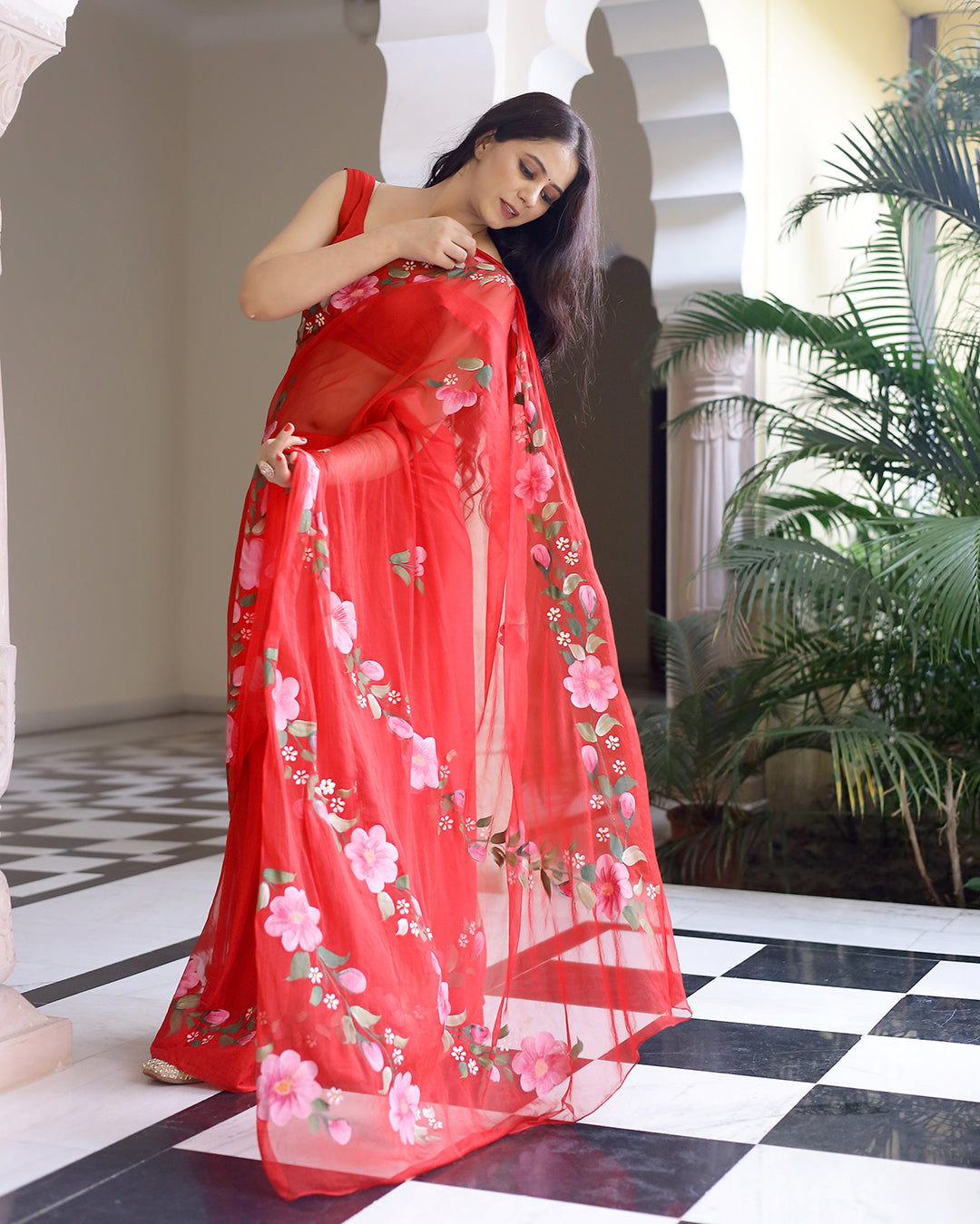Hand Painted Chiffon Saree | Hot Red Floral for Festive & Party Wear