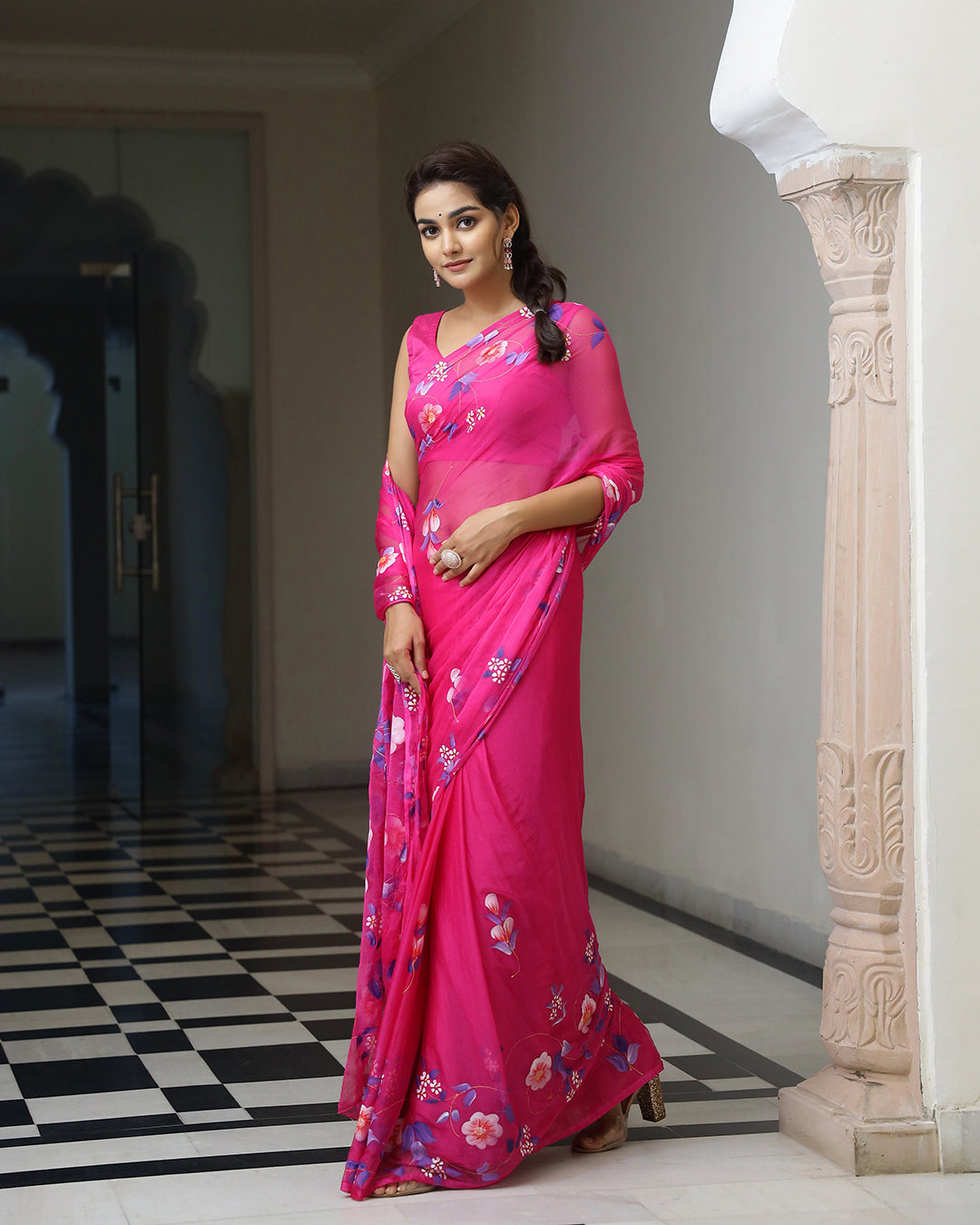 Hand Painted Chiffon Saree | Magenta Floral for Functions & Day Outings