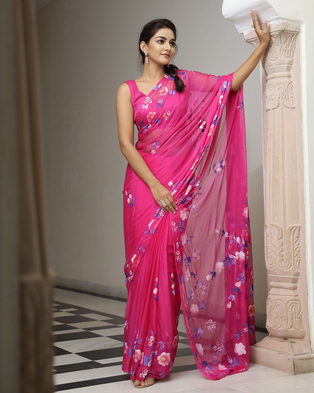 Hand Painted Chiffon Saree | Magenta Floral for Functions & Day Outings