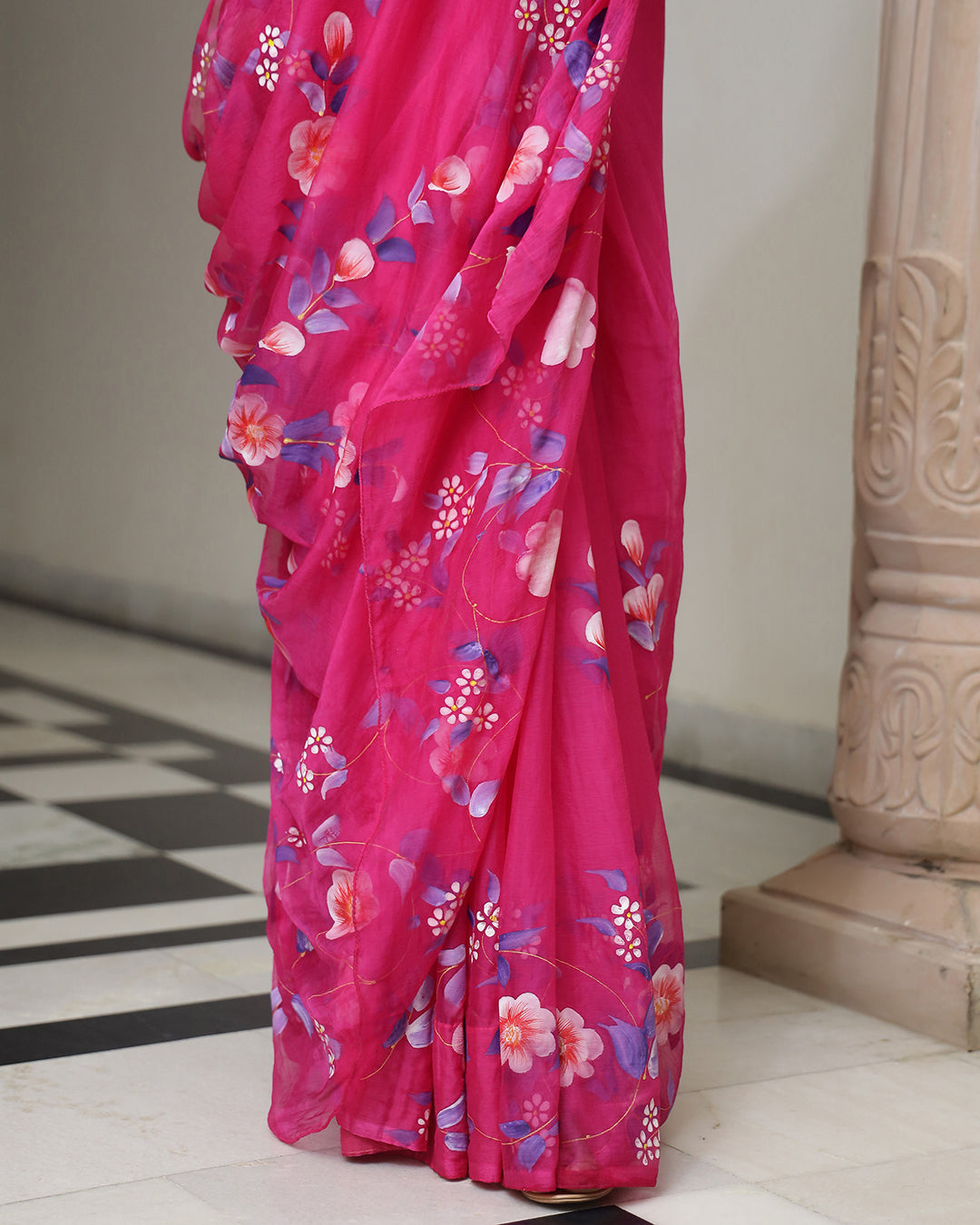 Hand Painted Chiffon Saree | Magenta Floral for Functions & Day Outings